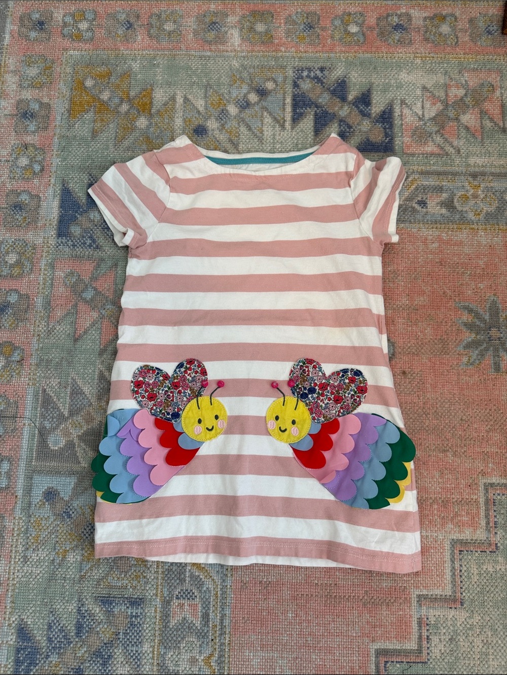 Mini Boden Pink & White Striped Tee with Colorful Butterfly Pockets (7-8)